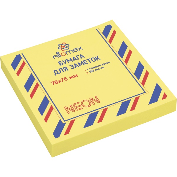 Блок самоклеящийся (стикеры) 76_76мм, 100л, неоновый, желтый ATTOMEX