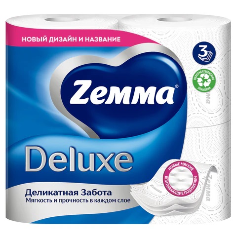 Туалетная бумага на втулке ZEMMA Delux Деликатная забота 3-х слойная, 4шт_17м белая