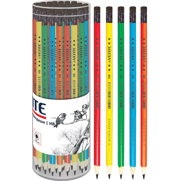 Карандаш чернографитный HB deVENTE, с ластиком, ассорти