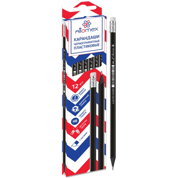 Карандаш чернографитный HB ATTOMEX, пластиковый, с ластиком — копия