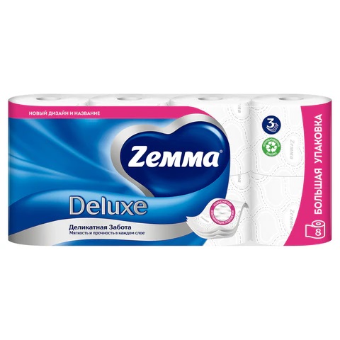 Туалетная бумага на втулке ZEMMA Delux Деликатная забота 3-х слойная, 8шт_17м белая