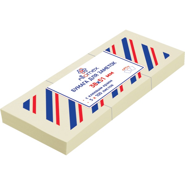 Блок самоклеящийся (стикеры) 38_51мм, 100л, НАБОР 3шт, пастельный, желтый ATTOMEX