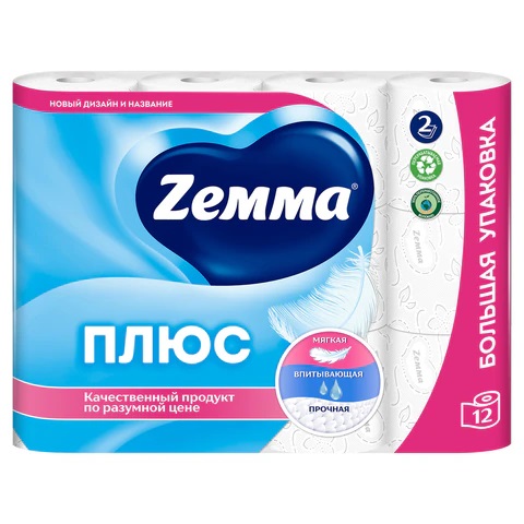 Туалетная бумага на втулке ZEMMA Плюс 2-х слойная, 12шт_23м белая