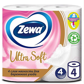 Туалетная бумага на втулке ZEWA Ultra Soft 4-х слойная, 4шт*15,9м белая