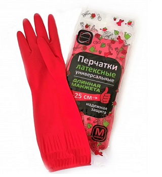Перчатки латексные M с х/б напылением, КП , удлиненная манжета 25см