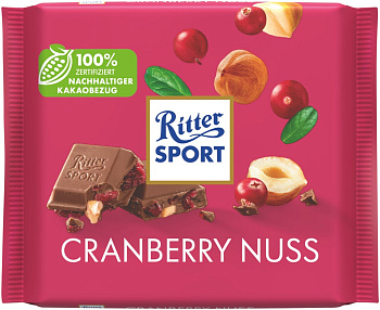 Шоколад RITTER SPORT Кусочки клюквы и орехи лещины, молочный, 100г