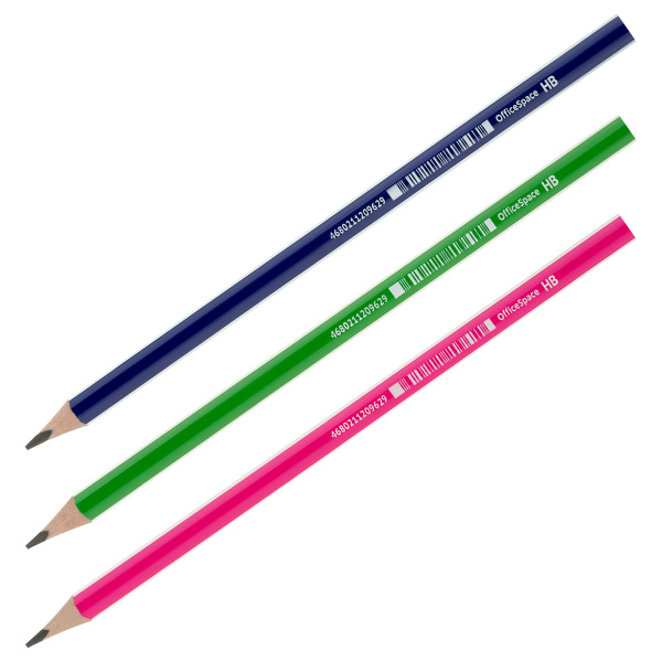 Карандаш чернографитный HB OfficeSpace, трехгранный, без ластика, ассорти