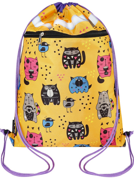 4_Мешок для обуви на шнурке, 1 отделение PROF-PRESS Котики и Птички 40_33см, с карманом и светоотражателем