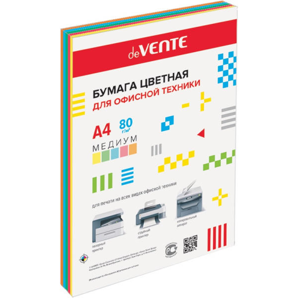 Бумага цветная А4 80 г_м2 Медиум 5 цветов 250л deVENTE