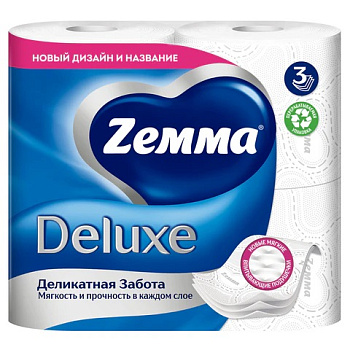 Туалетная бумага на втулке ZEMMA Delux Деликатная забота 3-х слойная, 4шт*17м белая