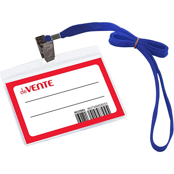 Бейдж горизонтальный 66*99мм, на синей ленте 45см deVENTE