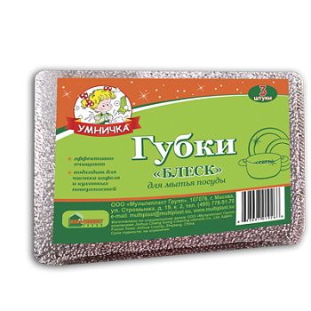Губка-скрабер, поролон+абразивная оплетка 2шт, 40*115*85мм УМНИЧКА Блеск