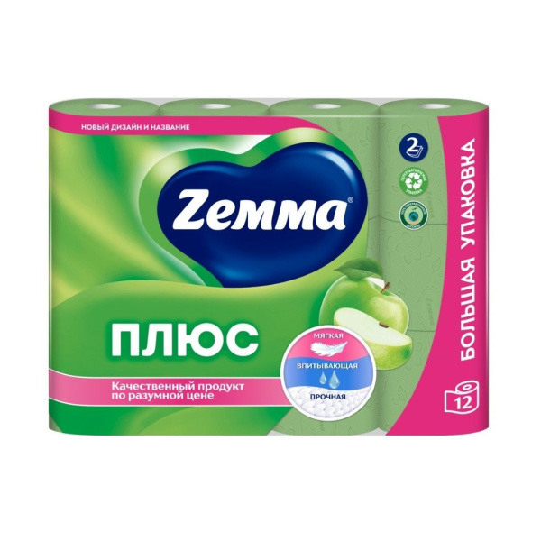 Туалетная бумага на втулке ZEMMA Плюс Яблоко 2-х слойная, 12шт_23м зеленая