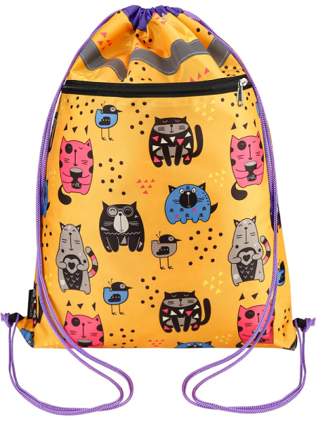 Мешок для обуви на шнурке, 1 отделение PROF-PRESS Котики и Птички 40_33см, с карманом и светоотражателем
