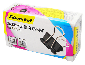 Зажим для бумаг 25мм черный, комплект 12шт SILWERHOF