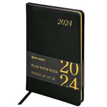 Еженедельник 2024 А5 BRAUBERG Iguana, под кожу змеи, черный 64л