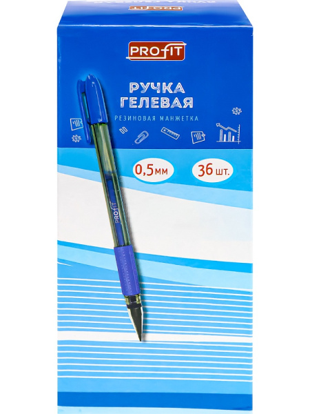 4_Ручка гелевая с резиновым упором 0,5мм PROFIT СИНЯЯ, прозрачный корпус