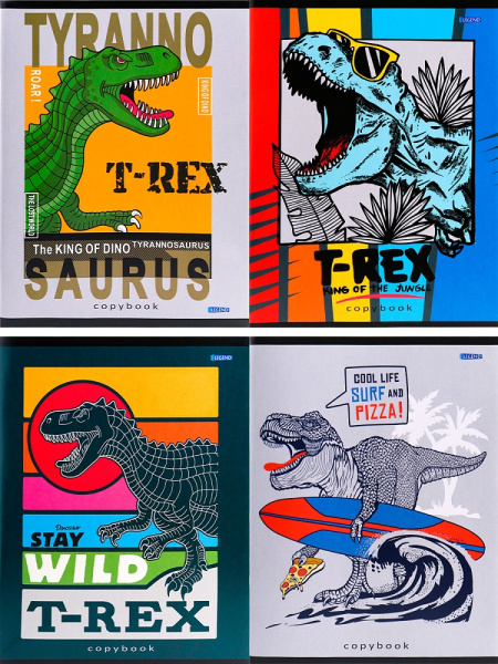 Тетрадь А5 96л клетка, скоба LEGEND Клевые тираннозавры, ассорти