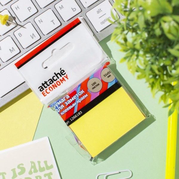 3_Блок самоклеящийся (стикеры) 51_51мм, 100л, неоновый, желтый Attache