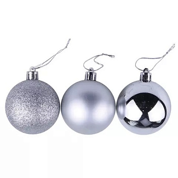 Шары ёлочные 6шт, диаметр 4см, пластик, серебро (глянец, матовый, глиттер)