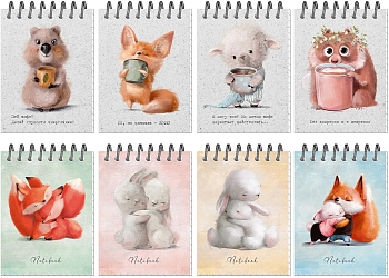 Блокнот A7 (75*105мм), 40л, спираль, клетка, обложка картон, Милашки-обнимашки, ассорти