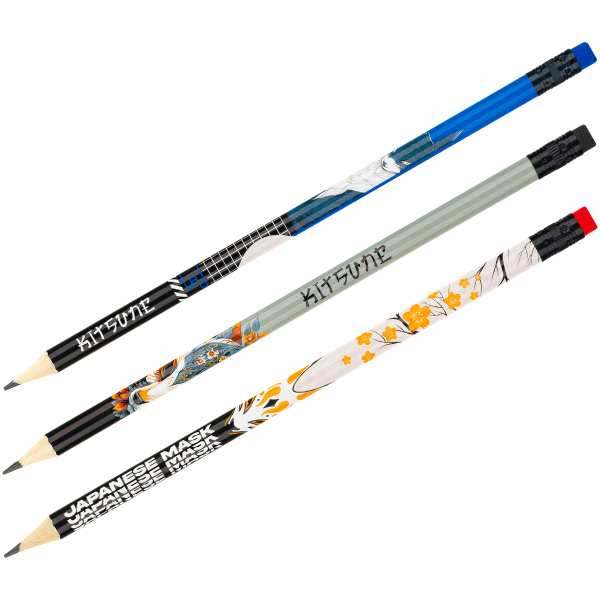 Карандаш чернографитный HB MESHU Kitsune, с ластиком, ассорти