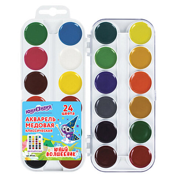 Акварель медовая 24 цвета ЮНЛАНДИЯ Юный волшебник, без кисти, пластиковый пенал