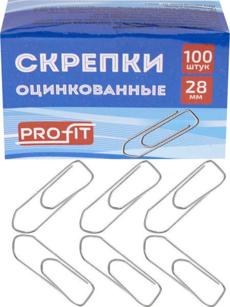 Скрепки 28мм оцинкованные 100шт PROFIT, прямоугольные