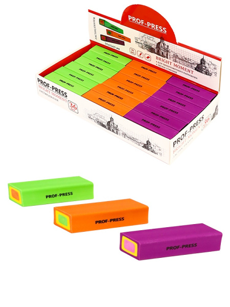 Ластик для чернографитных карандашей 57_15_15мм PROF-PRESS Bright Moment, ассорти