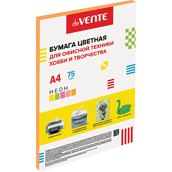 Бумага цветная А4 75г/м2, оранжевая неон, 50л deVENTE