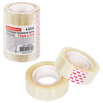 Клейкая лента канцелярская 19мм*33м BRAUBERG, КОМПЛЕКТ 4шт