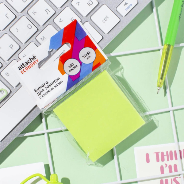 4_Блок самоклеящийся (стикеры) 51_51мм, 100л, неоновый, зеленый Attache