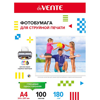 Фотобумага односторонняя А4 180г/м2 глянцевая 100л deVENTE