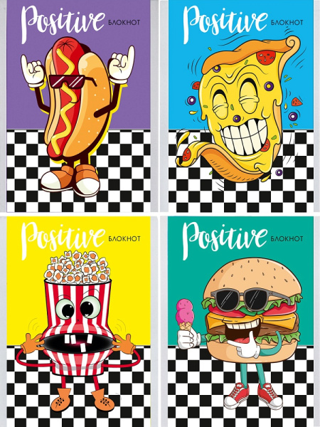 Блокнот А6 24л клетка, скоба PROF-PRESS Улетный фастфуд, ассорти