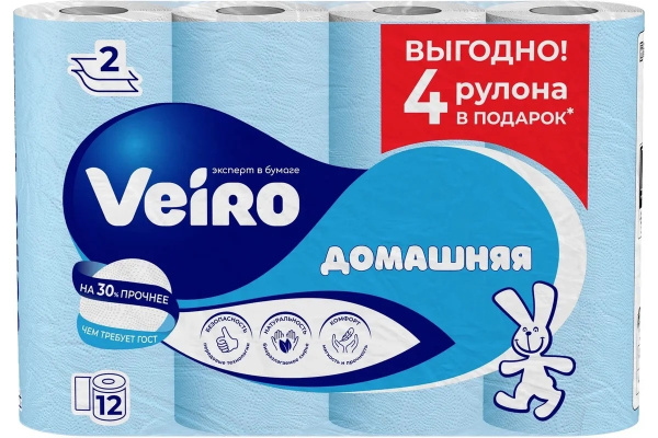 Туалетная бумага на втулке VEIRO Домашняя 2-х слойная, 12шт_15м белая