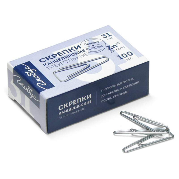 Скрепки 31мм оцинкованные 100шт GLOBUS, треугольные, с отогнутым носиком