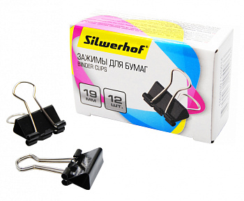 Зажим для бумаг 19мм черный, комплект 12шт SILWERHOF