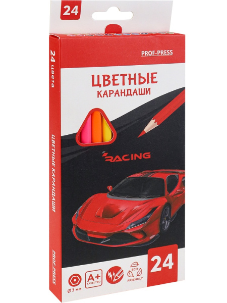 3_Карандаши цветные 24 цветов PROF-PRESS Красное авто