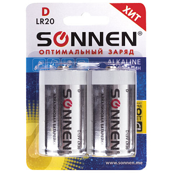 Батарейка (D) LR20-алкалиновая SONNEN Alkaline, 2шт на блистере