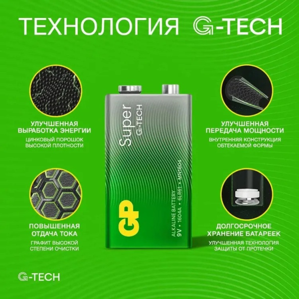 5_Батарейка (крона) 6LR61-алкалиновая 9V GP Super G-Tech, 1шт на блистере