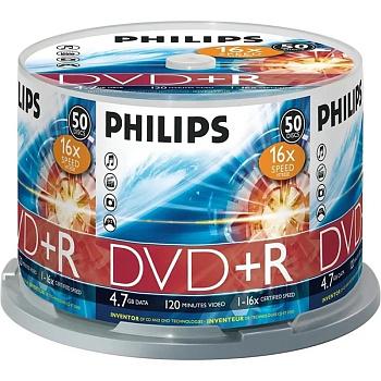 Диск DVD+R Philips 4,7GB 16x Cake Box 50шт