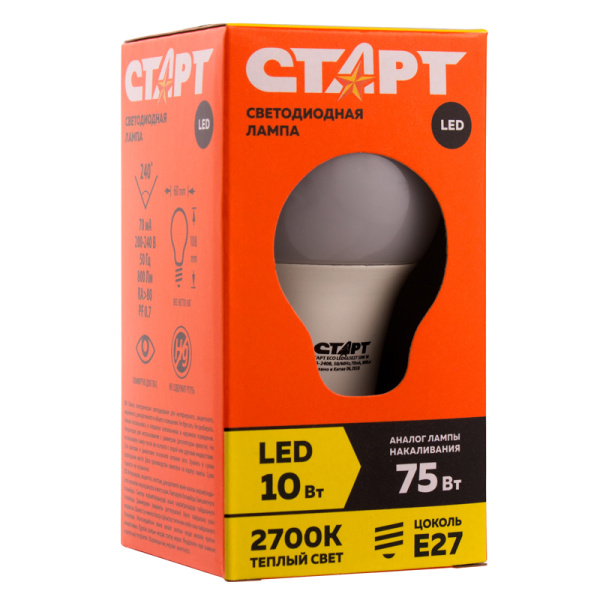 Лампа светодиодная СТАРТ LED 10(75)Вт цоколь Е27, груша, теплый свет