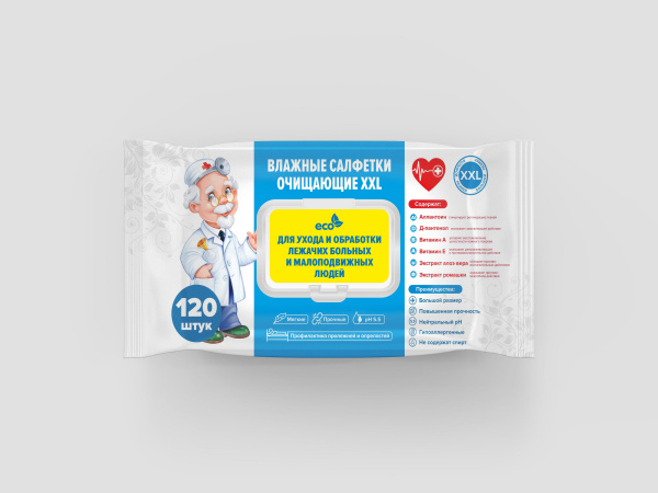 Салфетки влажные 120шт ECO Clinija XXL очищающие с алоэ