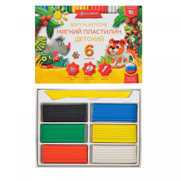 Пластилин восковой 6цв 90г GLOBUS, со стеком