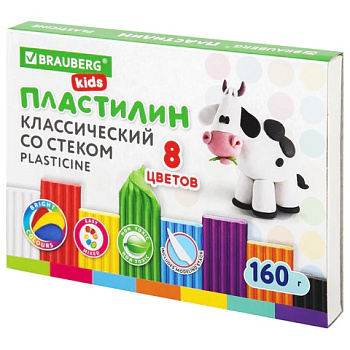 Пластилин 8цв 160г BRAUBERG Kids, со стеком