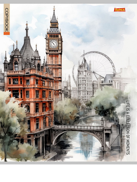 5_Тетрадь А5 96л линия, скоба REMIX Города в акварели, ассорти