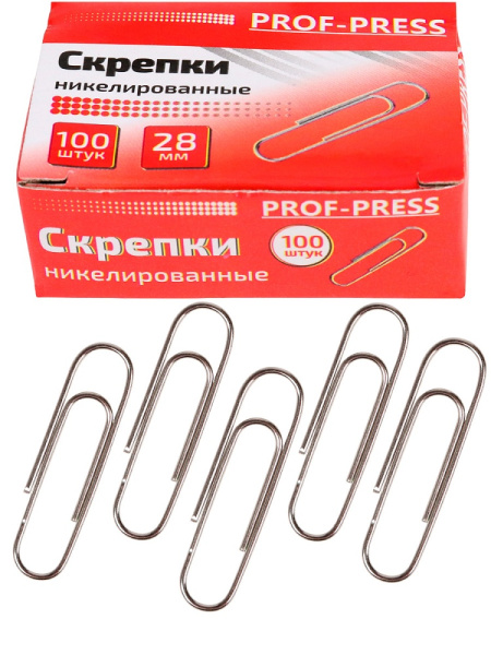 Скрепки 28мм никелированные 100шт PROF-PRESS